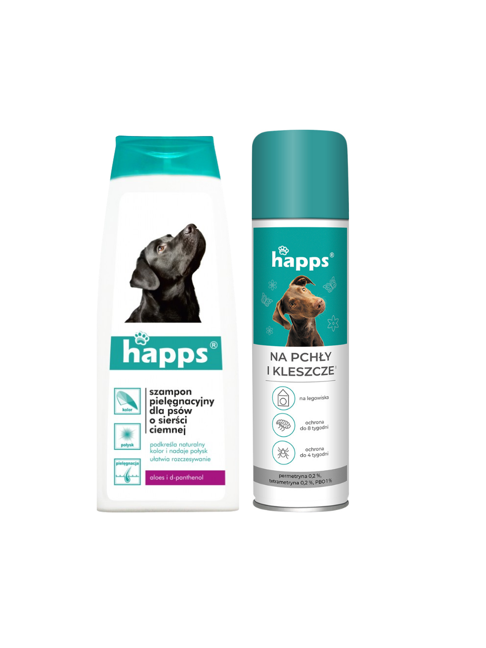 HAPPS - szampon pielęgnacyjny dla psów o sierści ciemnej 200ml + HAPPS -Aerozol na pchły i kleszcze 250ml