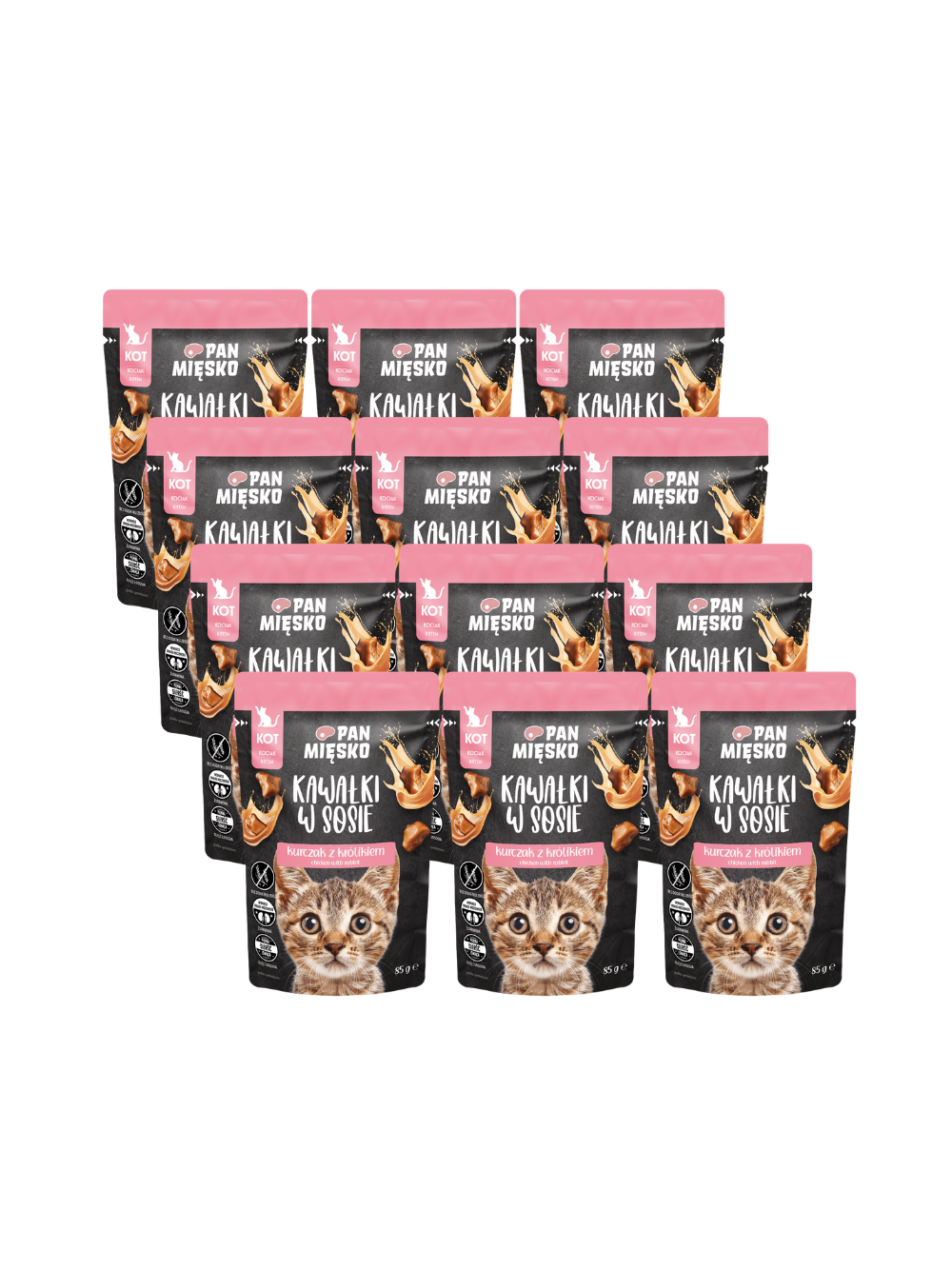 PAN MIĘSKO Kawałki w sosie Kurczak z królikiem 12x85g dla kociaka
