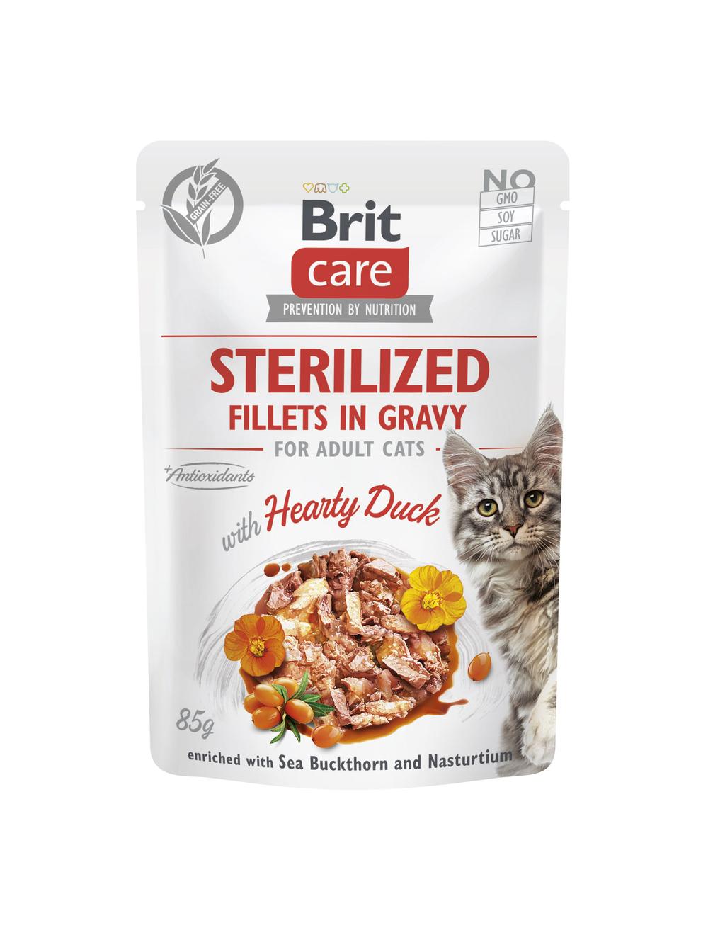 BRIT CARE Cat Sterilized Fillets in Gravy with Hearty Duck Enriched with Sea Buckthorn and Nasturtium 24x85g