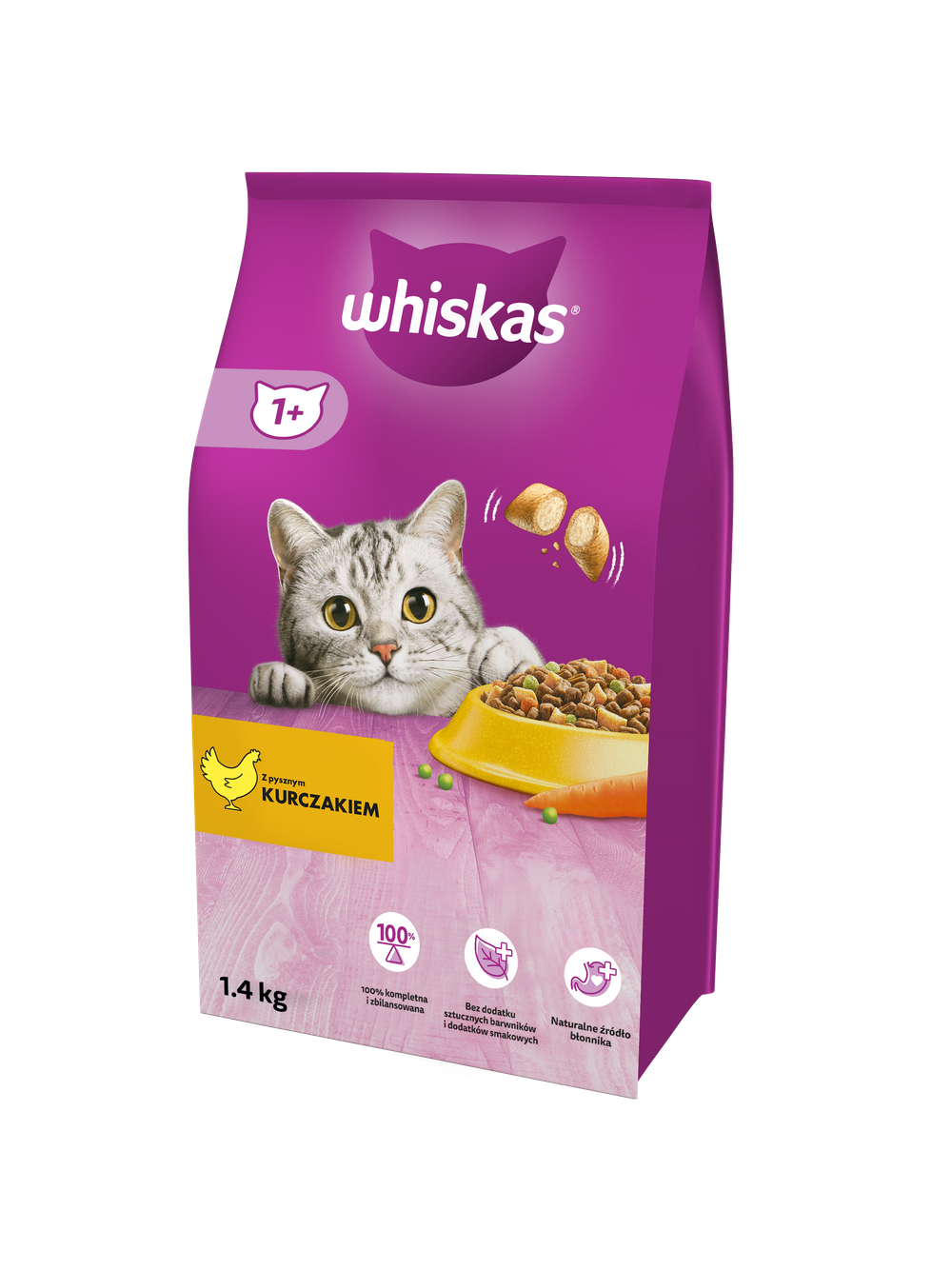 WHISKAS Adult 3x1,4 kg - sucha karma dla dorosłego kota, z pysznym kurczakiem