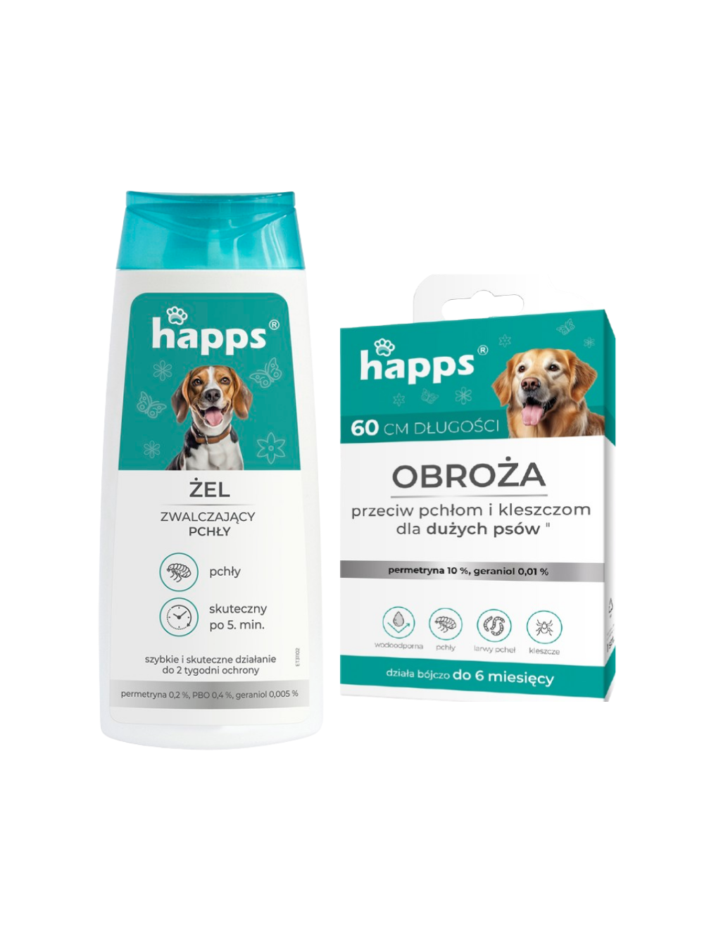 HAPPS - żel zwalczający pchły 150ml + HAPPS - obroża przeciw pchłom i kleszczom dla dużych psów 60cm