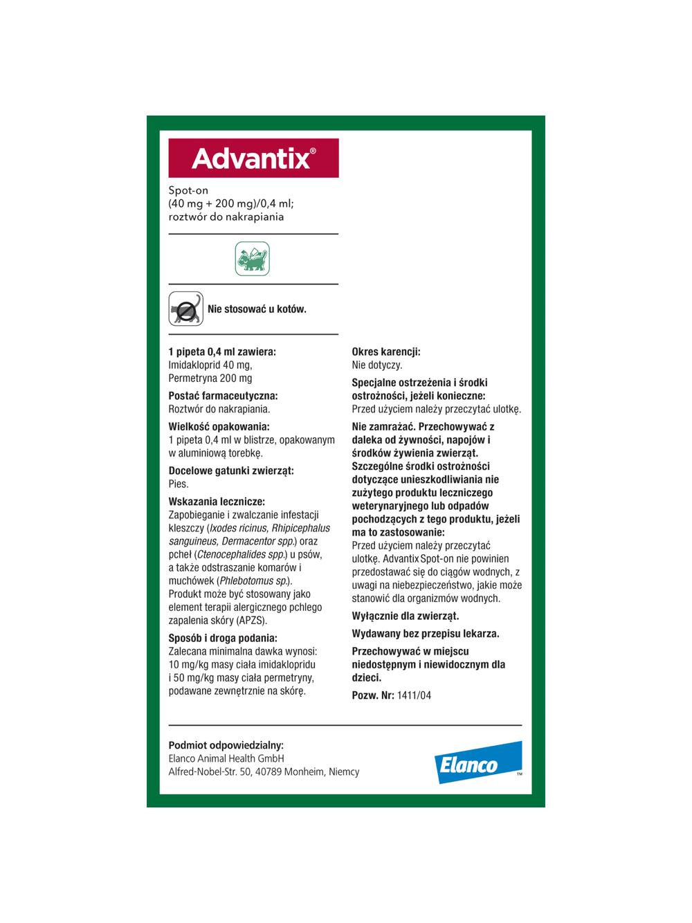 Advantix - dla psów do 4kg (pipeta 0,4ml)+ Cestal Dog Plus tabletki na odrobaczanie psów 2 sztuki