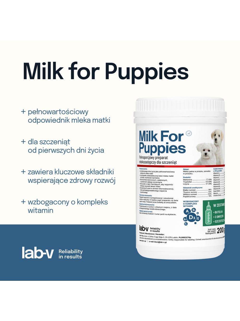 Lab-v Milk For Puppies- mleko dla szczeniąt 200g-Zestaw z butelką i smoczkami