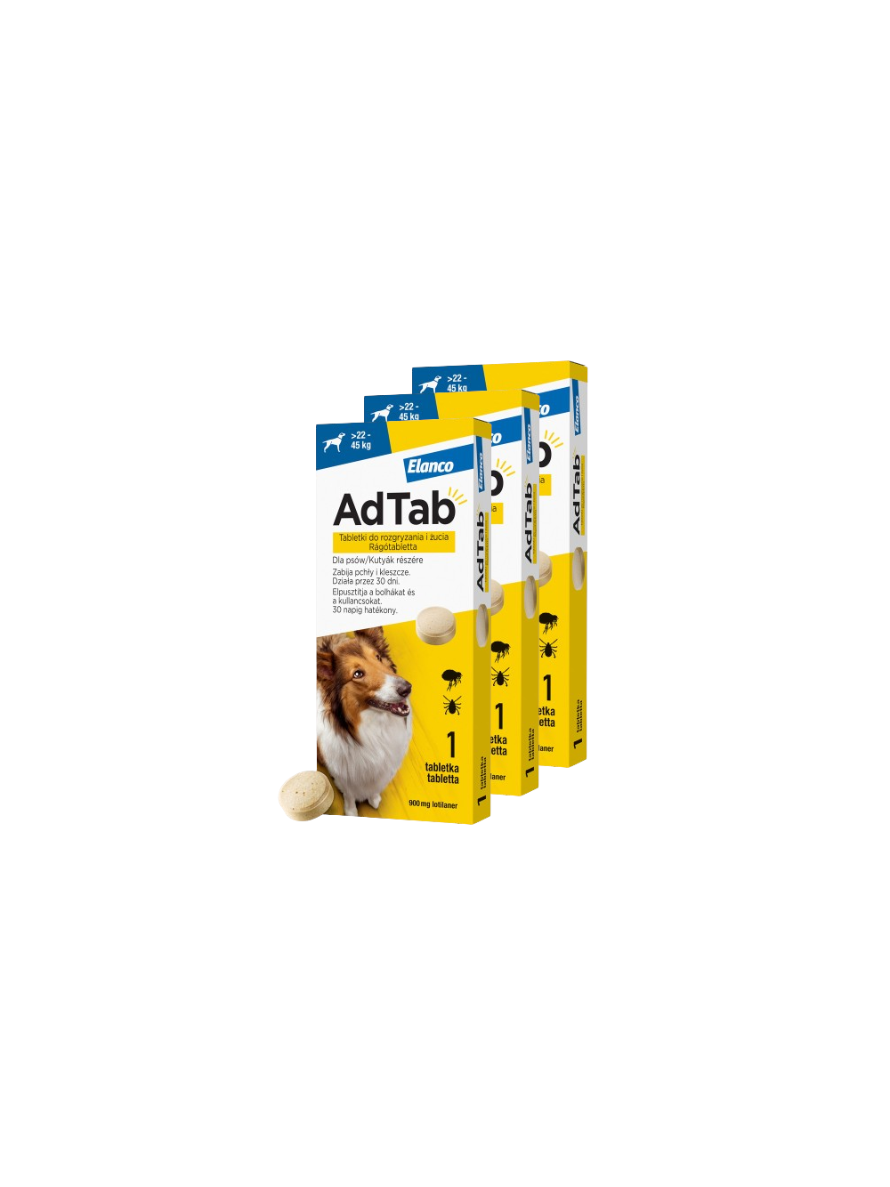 ELANCO 3xAdTab 900mg tabletki na pchły i kleszcze dla psów >22 - 45 kg