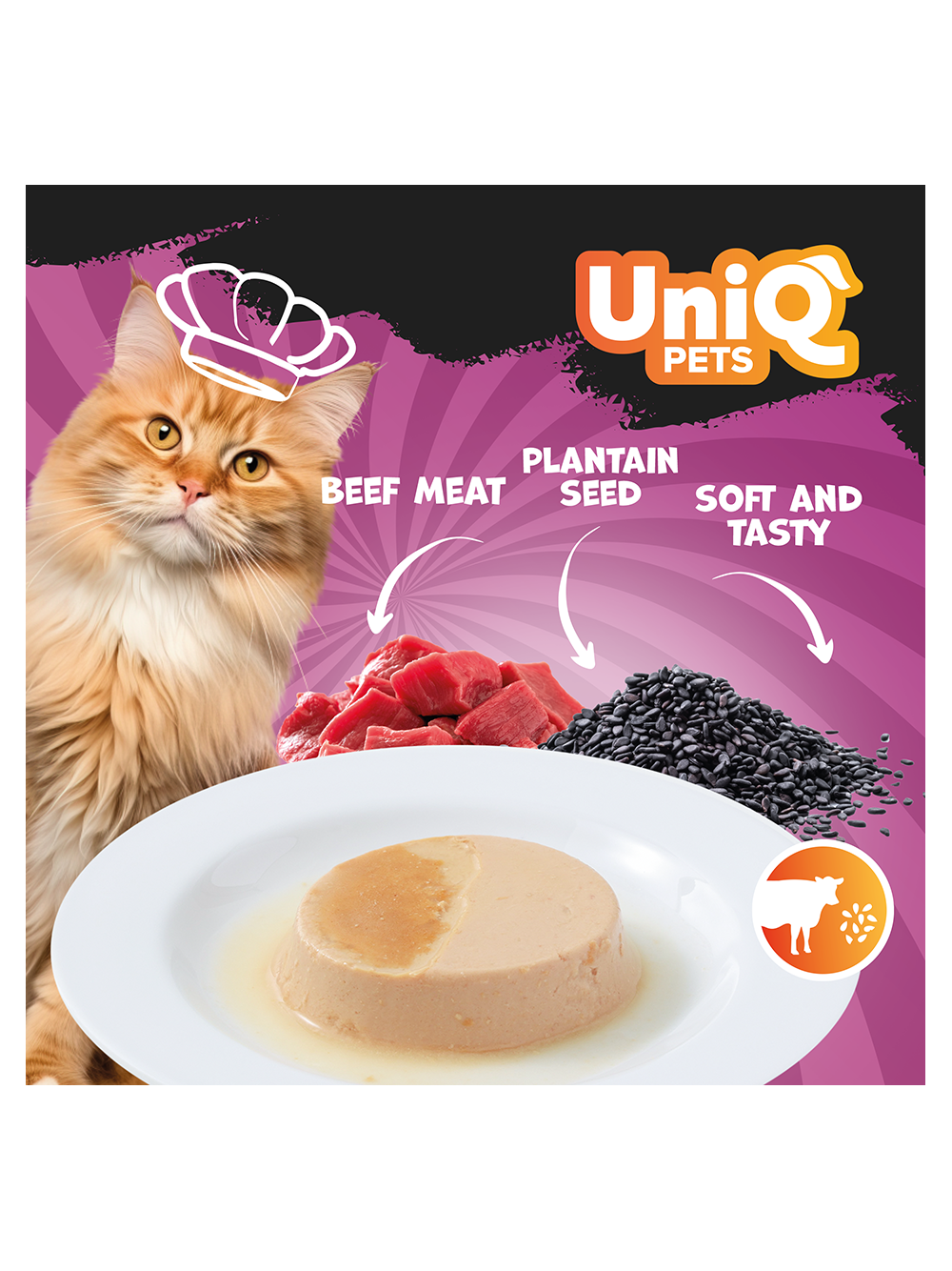 UNIQ PETS KARMA MOKRA DLA KOTA ROYAL BEEF pasztecik wołowy z nasionami babki lancetowatej 30 g x 8 szt