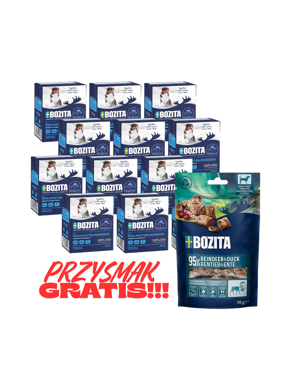 BOZITA Dog: Renifer w galarecie 12x370g + BOZITA Meaty Bites renifer z kaczką przysmak pies 70g GRATIS!!!