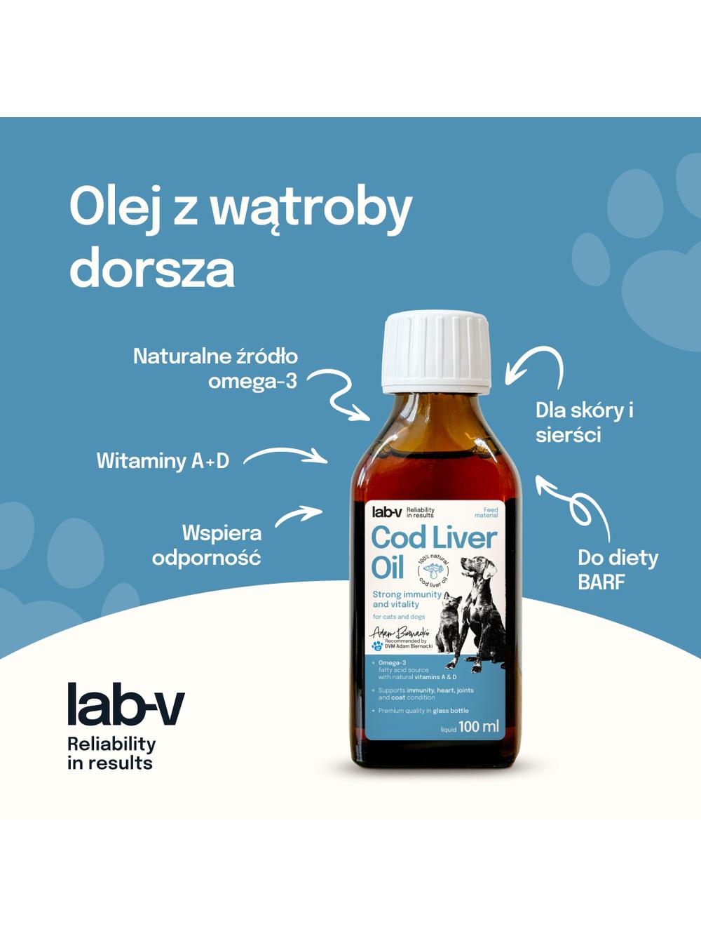 Lab-v Cod Liver Oil – Olej z wątroby dorsza 100% dla psa i kota 100 ml