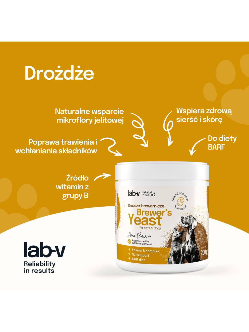 Lab-v Drożdże Browarnicze – Naturalne wsparcie trawienia, apetytu oraz kondycji skóry i sierści 200 g