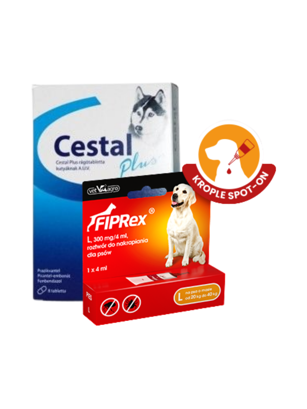 Fiprex L, 300 mg/4 ml, roztwór do nakrapiania dla psów+ Cestal Dog Plus tabletki na odrobaczanie psów 2 sztuki