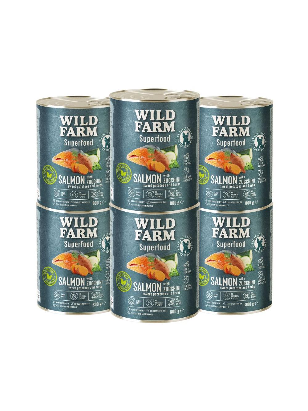 WILD FARM Superfood Salmon (Łosoś z cukinią, słodkimi ziemniakami i ziołami) 6x800g bezzbożowa karma dla psa