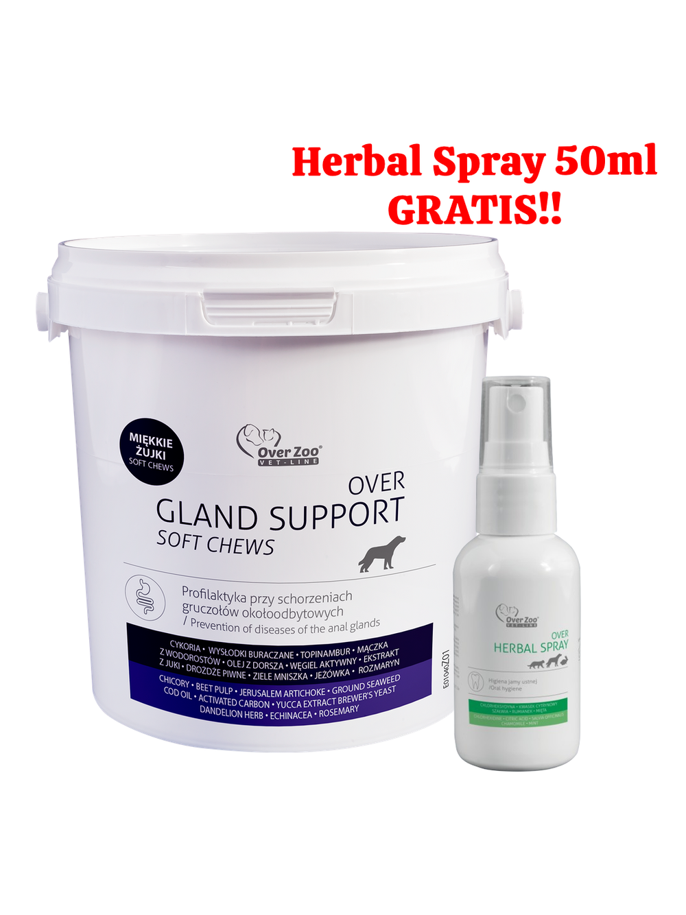 OVER Gland Support soft chews - na gruczoły około odbytowe -  90 żujek + Herbal Spray 50ml GRATIS