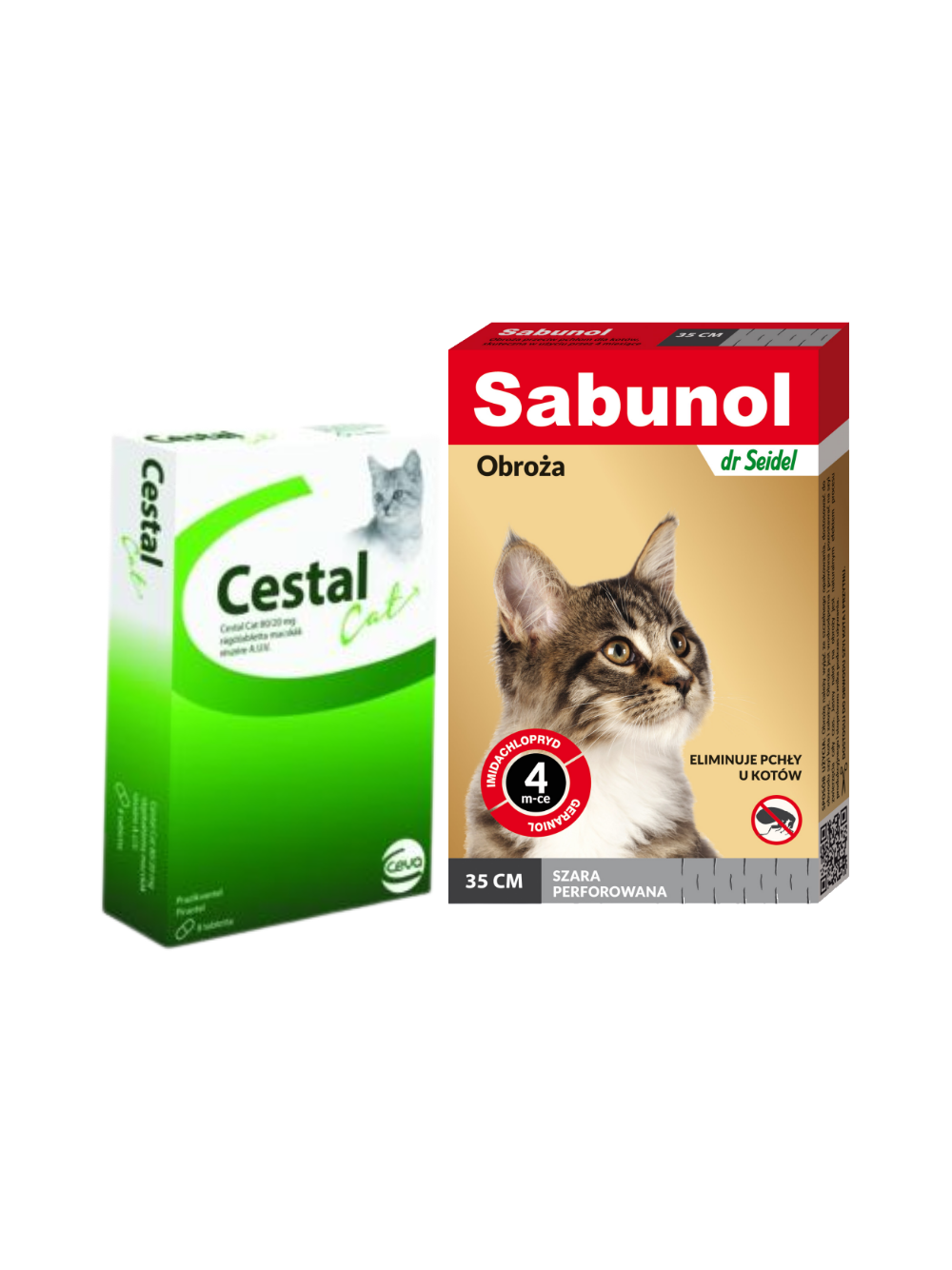 Sabunol szara obroża przeciw pchłom  dla kota 35 cm+ Cestal Cat tabletki na odrobaczanie kotów 2szt