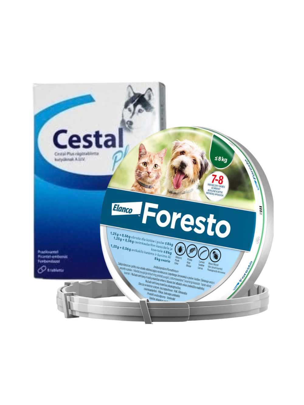 ELANCO Foresto Obroża dla kotów i psów poniżej 8kg+ Cestal Dog Plus tabletki na odrobaczanie psów 2 sztuki
