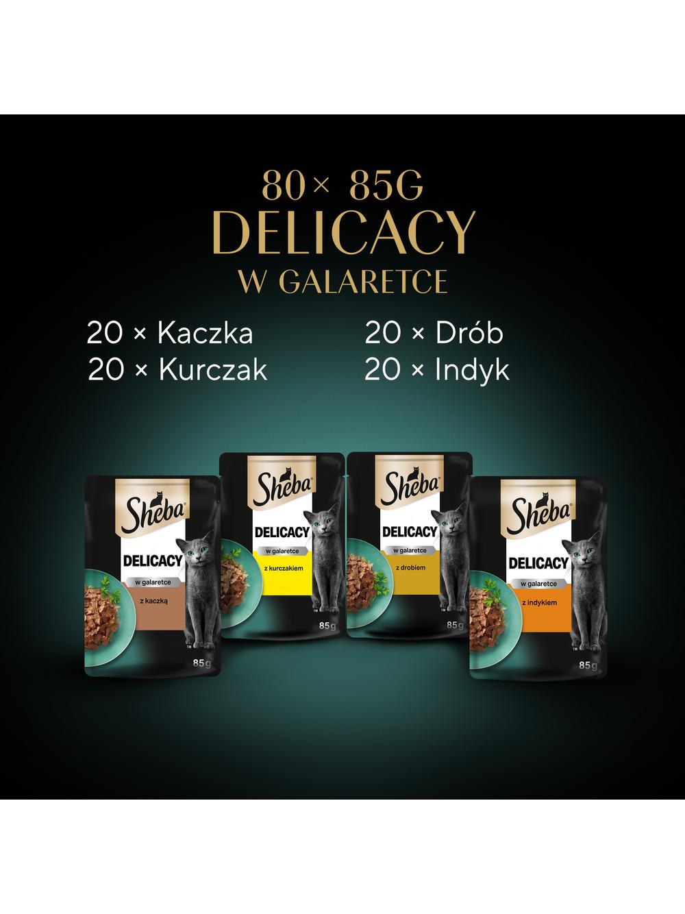 SHEBA Delicacy Fine Flakes Drobiowe Smaki saszetki 80x85 g – mokra karma pełnoporcjowa dla dorosłych kotów, w galaretce (kawałki z: kaczką, kurczakiem, drobiem, indykiem)