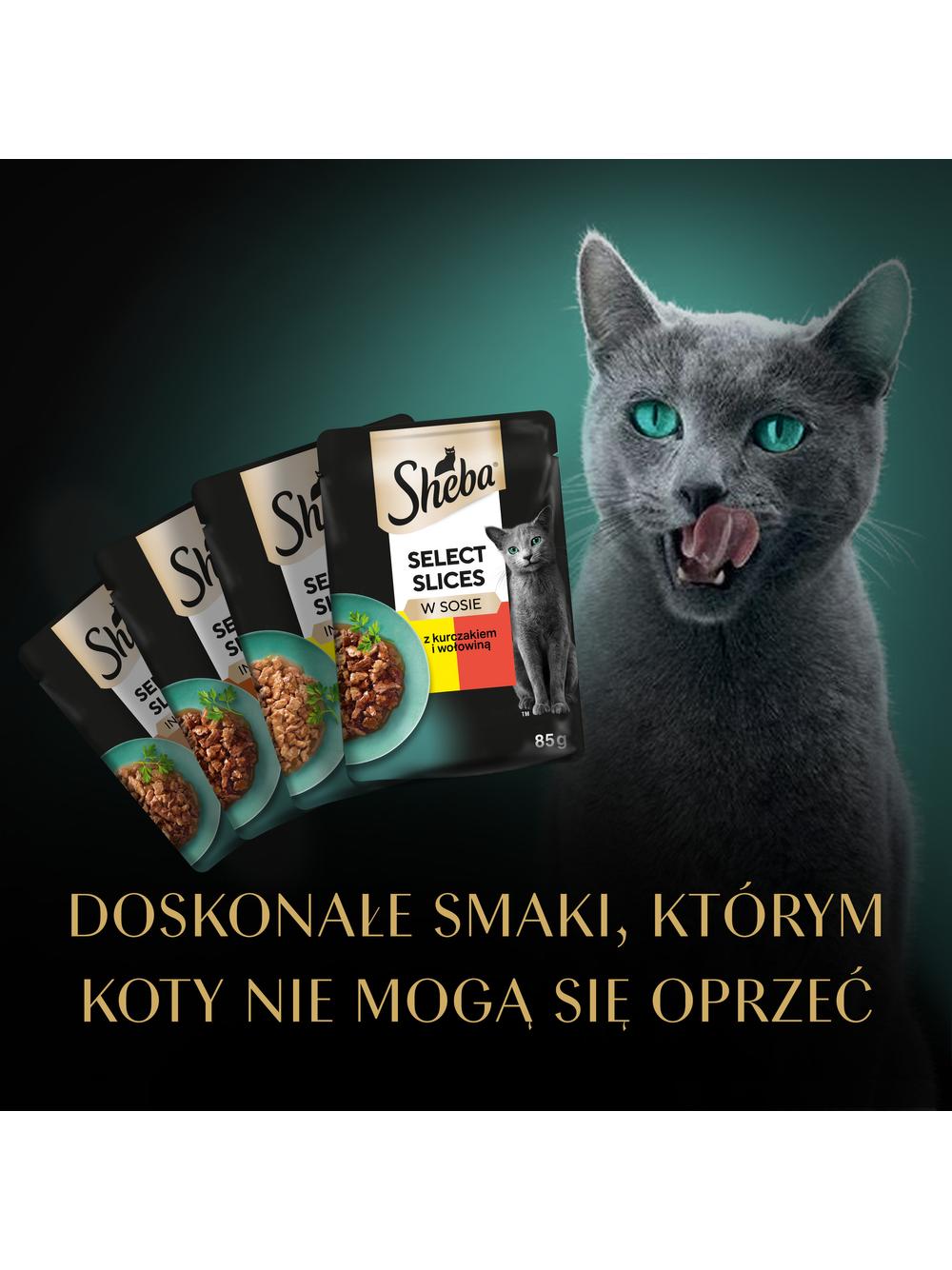 SHEBA saszetka 4x85g Selection in Sauce Soczyste Smaki - mokra karma dla kotów w sosie (z wołowiną, z jagnięciną, z kurczakiem, z indykiem)