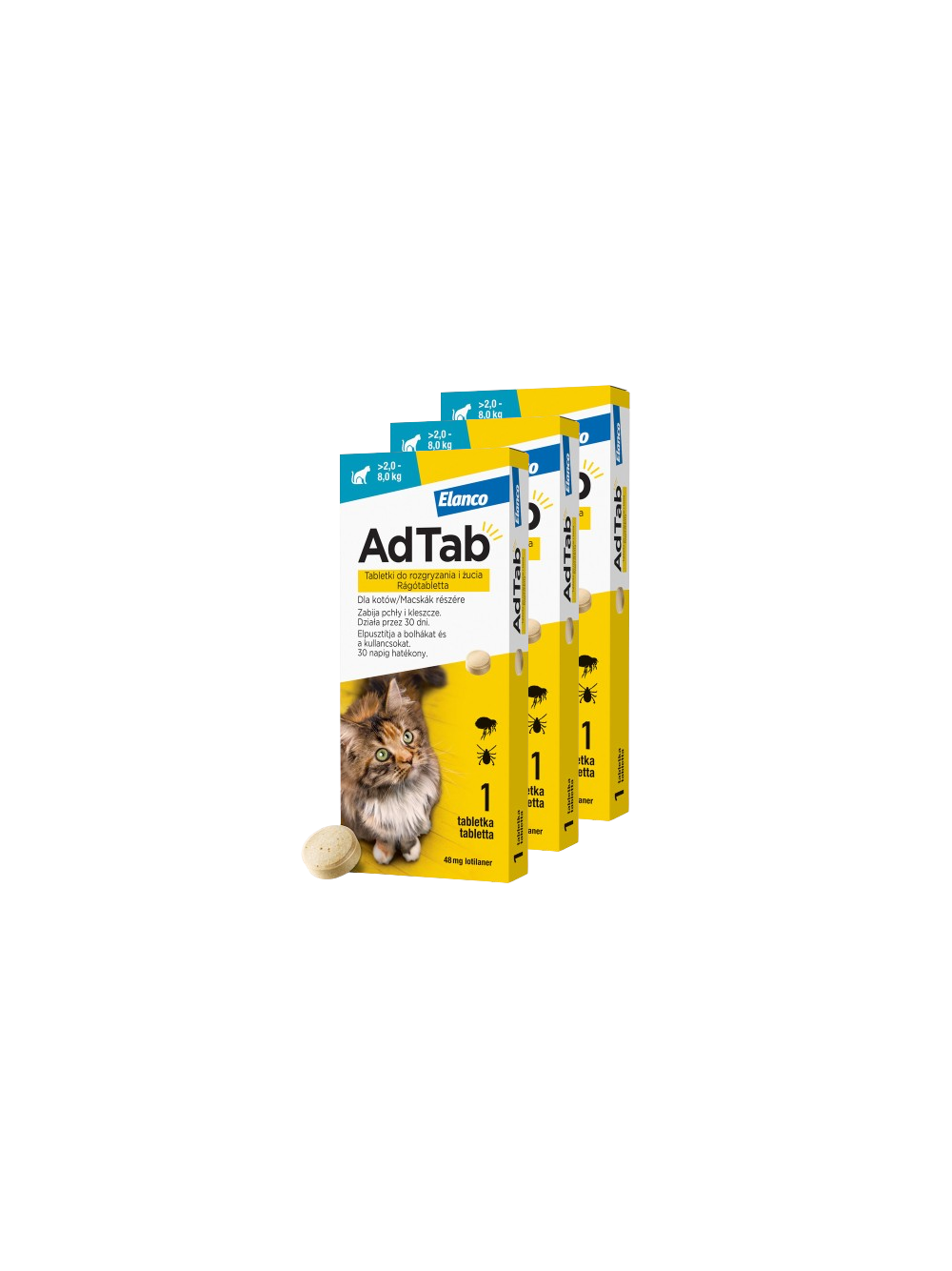 ELANCO 3xAdTab 48mg tabletki na pchły i kleszcze dla kotów >2-8 kg