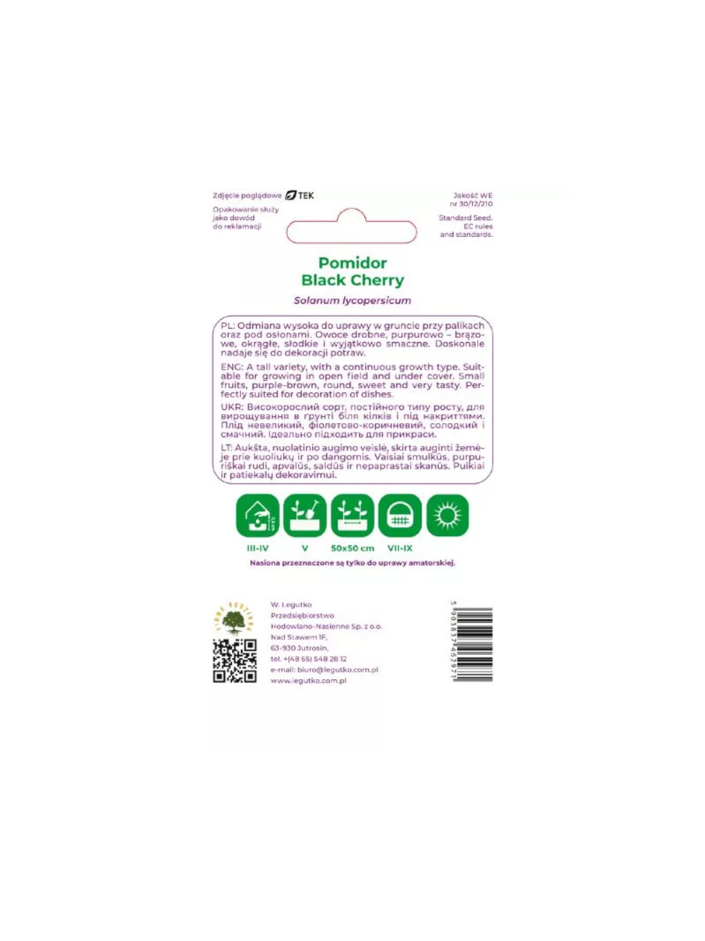 Pomidor gruntowy wysoki Black Cherry - owoce typu "cherry", purpurowo-brązowe