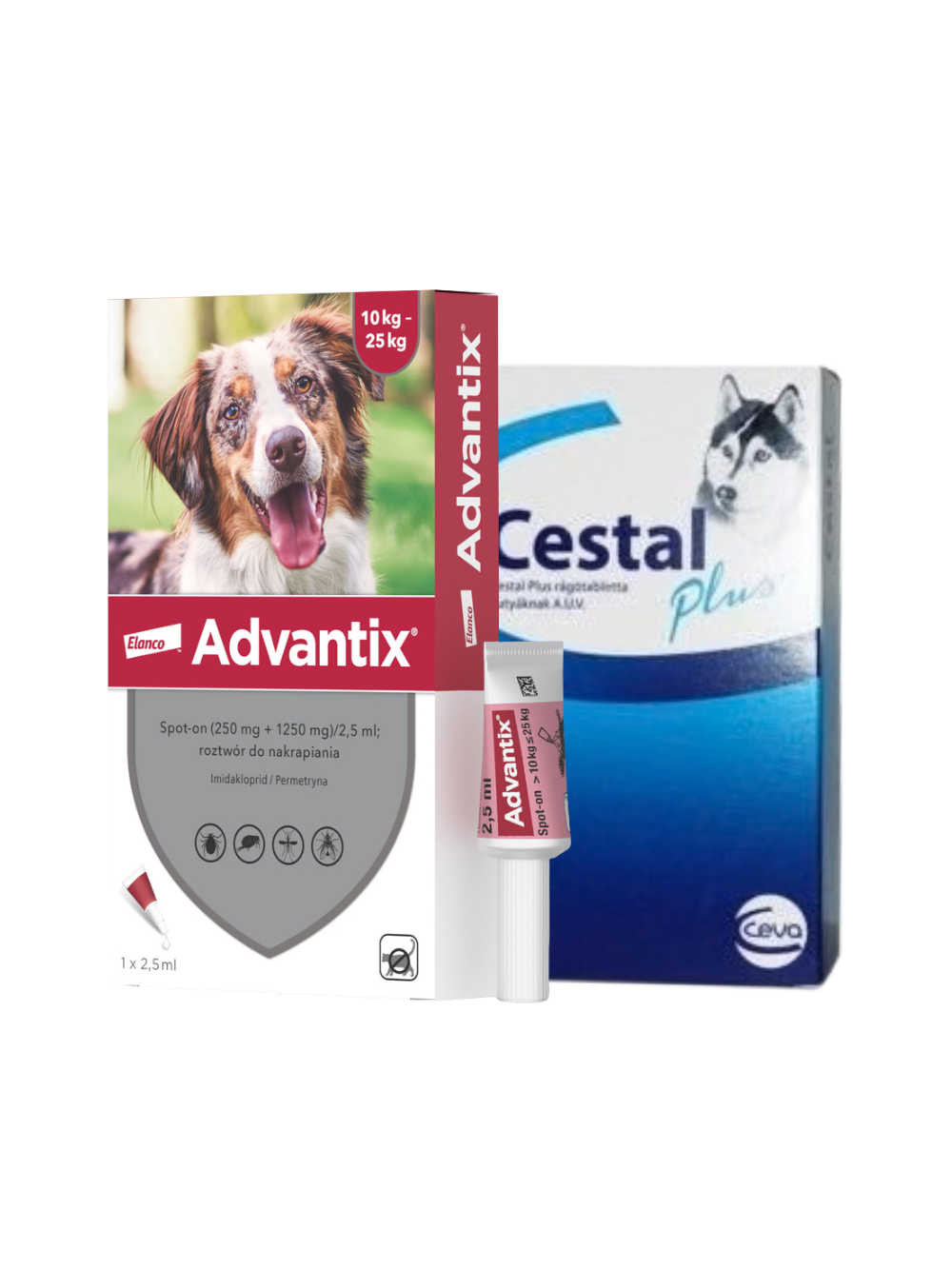 Advantix - dla psów 10-25kg (pipeta 2,5ml)+ Cestal Dog Plus tabletki na odrobaczanie psów 2 sztuki