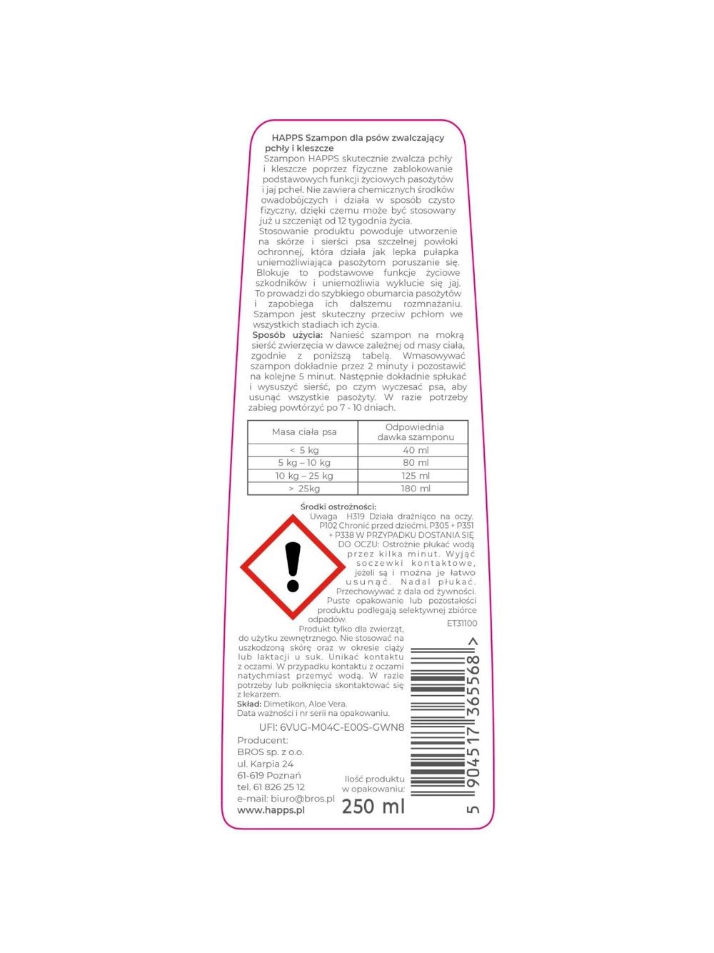 HAPPS - obroża przeciw pchłom i kleszczom dla dużych psów 60cm + Szampon dla psów zwalczający pchły i kleszcze 250ml