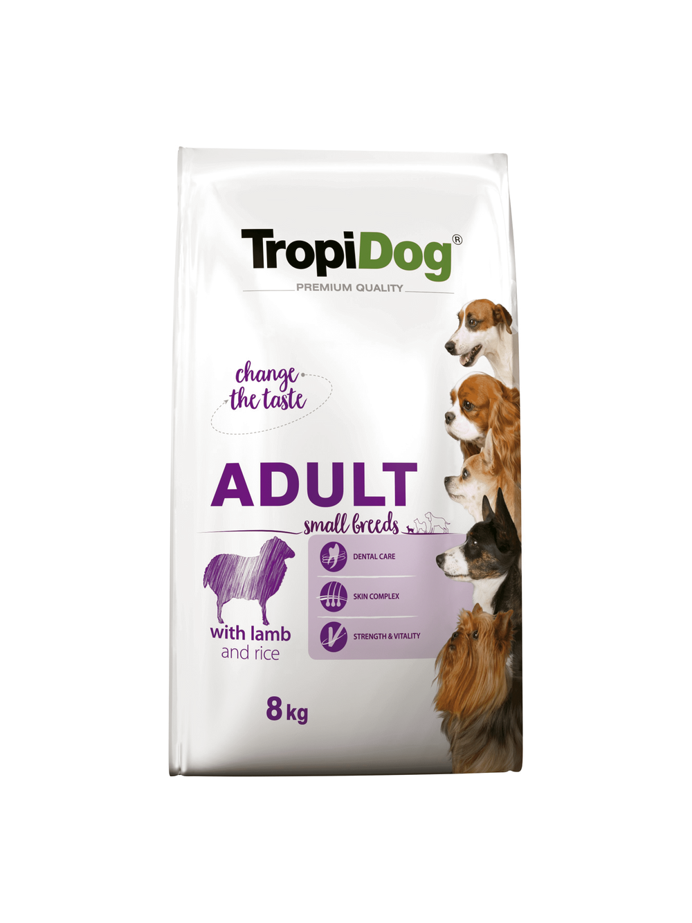 TROPIDOG Premium Adult Small Breeds z jagnięciną i ryżem 8kg + Miska mała GRATIS!!