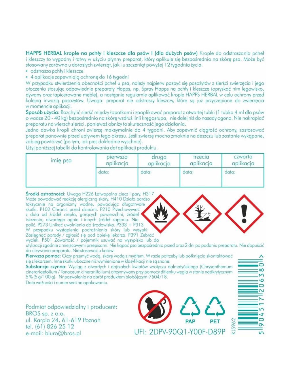 HAPPS Herbal - krople na pchły i kleszcze dla dużych psów 20-40kg + HAPPS -Aerozol na pchły i kleszcze 250ml