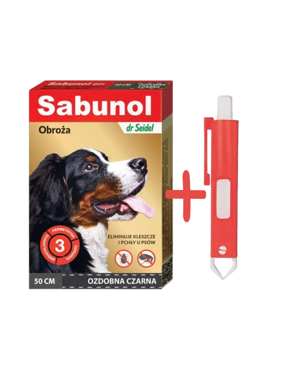 Sabunol - ozdobna czarna obroża przeciw pchłom i kleszczom dla psa 50 cm+TRIXIE Szczypce do usuwania kleszczy 9cm