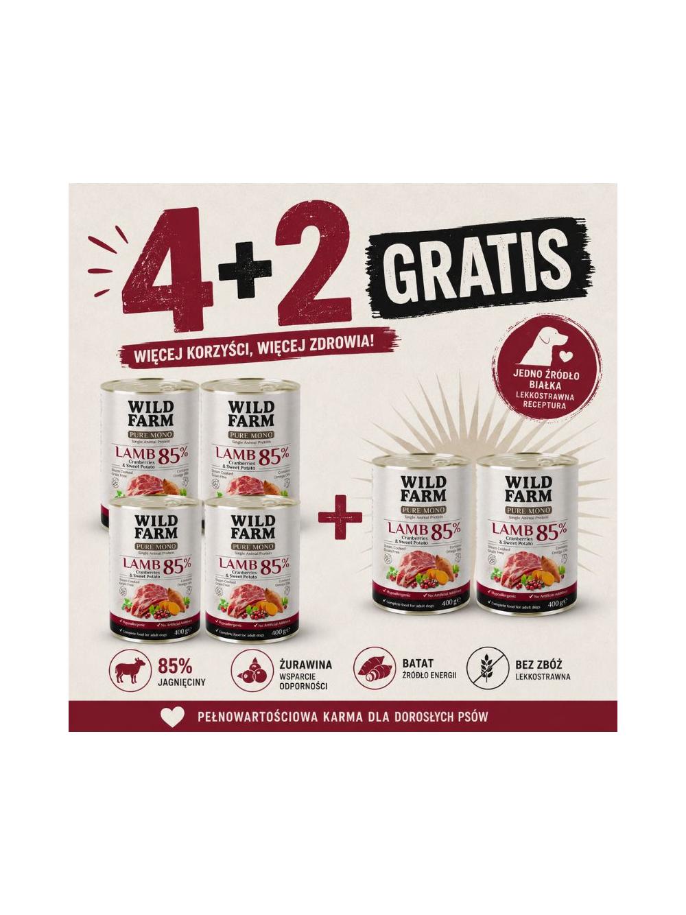 WILD FARM PURE MONO Lamb Cranberries and Sweet Potato 6x400g monoproteinowa karma dla psa