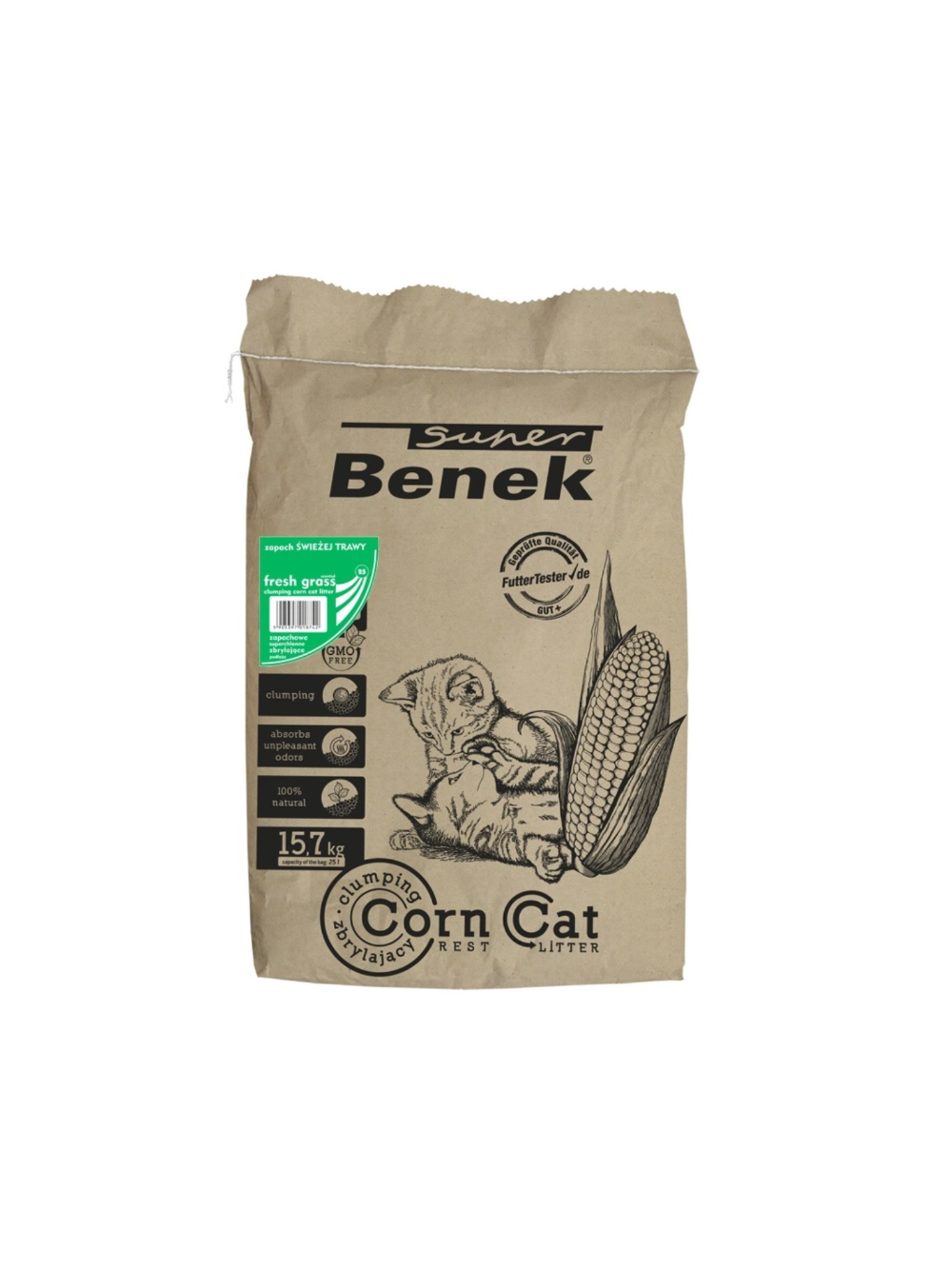 SUPER BENEK Żwirek kukurydziany Corn o zapachu: Świeża trawa 25l