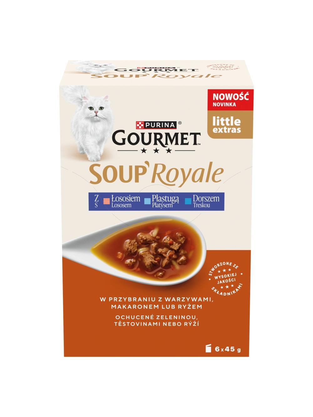 Gourmet Soup Royale Karma dla dorosłych kotów z łososiem płastugą dorszem 6 x 45 g