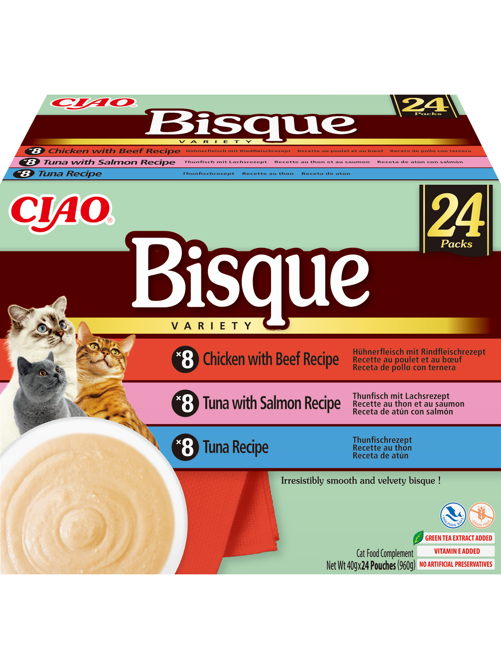 INABA Cat Ciao Bisque - karma uzupełniająca dla kota zupa krem z kurczakiem, wołowiną, tuńczykiem i łososiem 24x40g