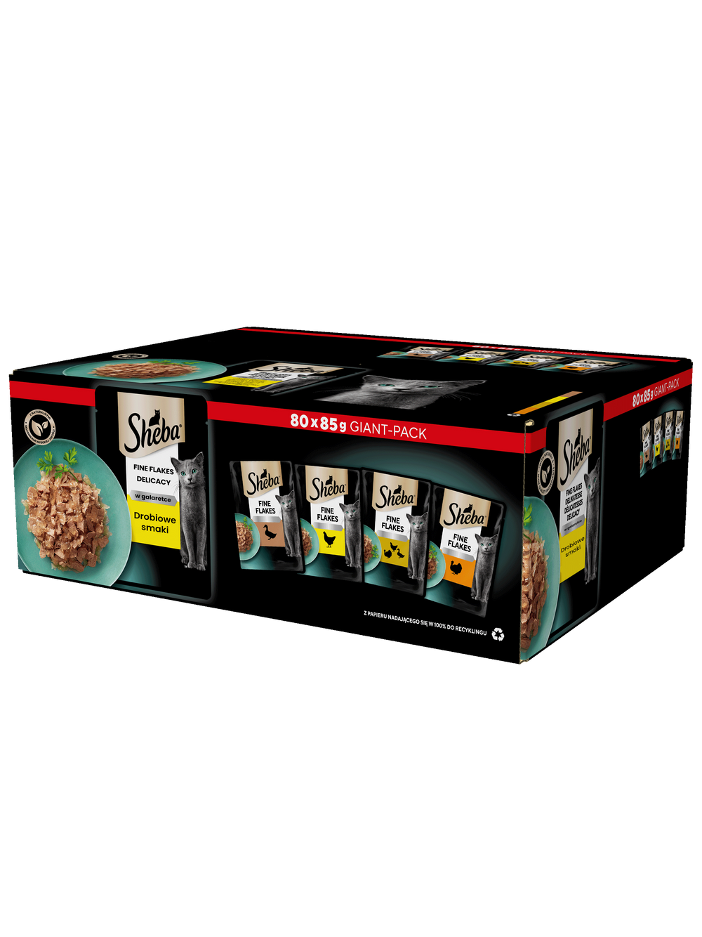 SHEBA Delicacy Fine Flakes Drobiowe Smaki saszetki 80x85 g – mokra karma pełnoporcjowa dla dorosłych kotów, w galaretce (kawałki z: kaczką, kurczakiem, drobiem, indykiem)