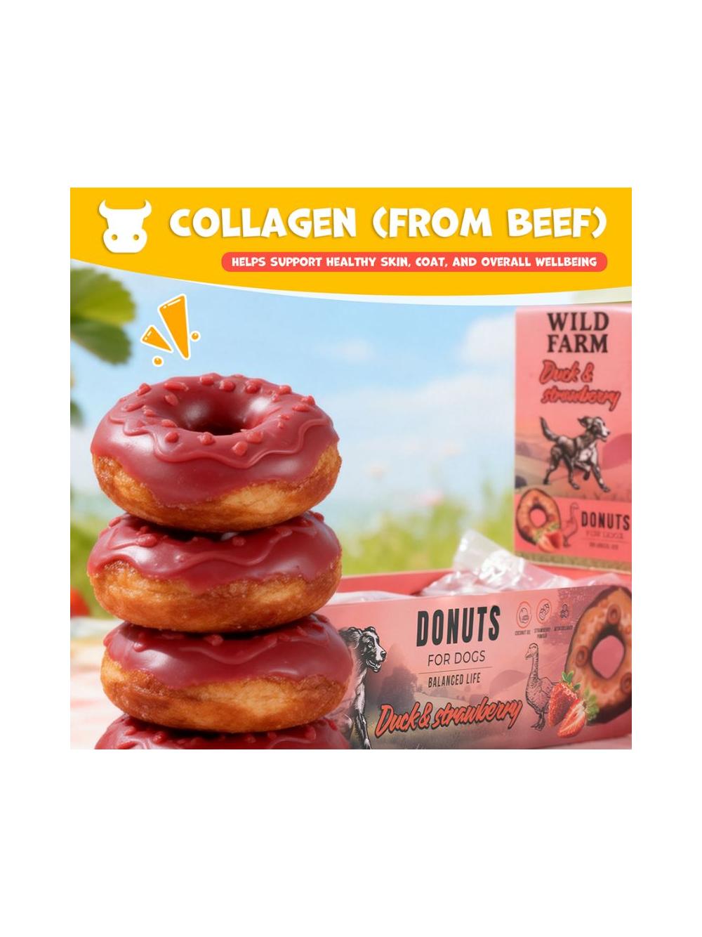 WILD FARM donut kolagenowy z kaczką i truskawkami 7cm 10x50g przysmak dla psa