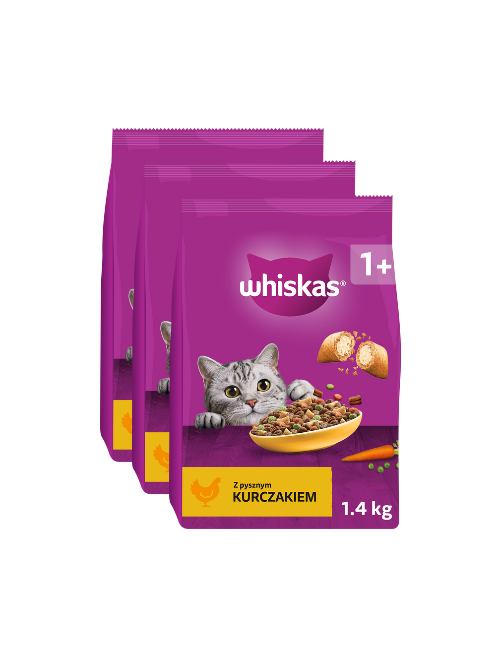 WHISKAS Adult 3x1,4 kg - sucha karma dla dorosłego kota, z pysznym kurczakiem