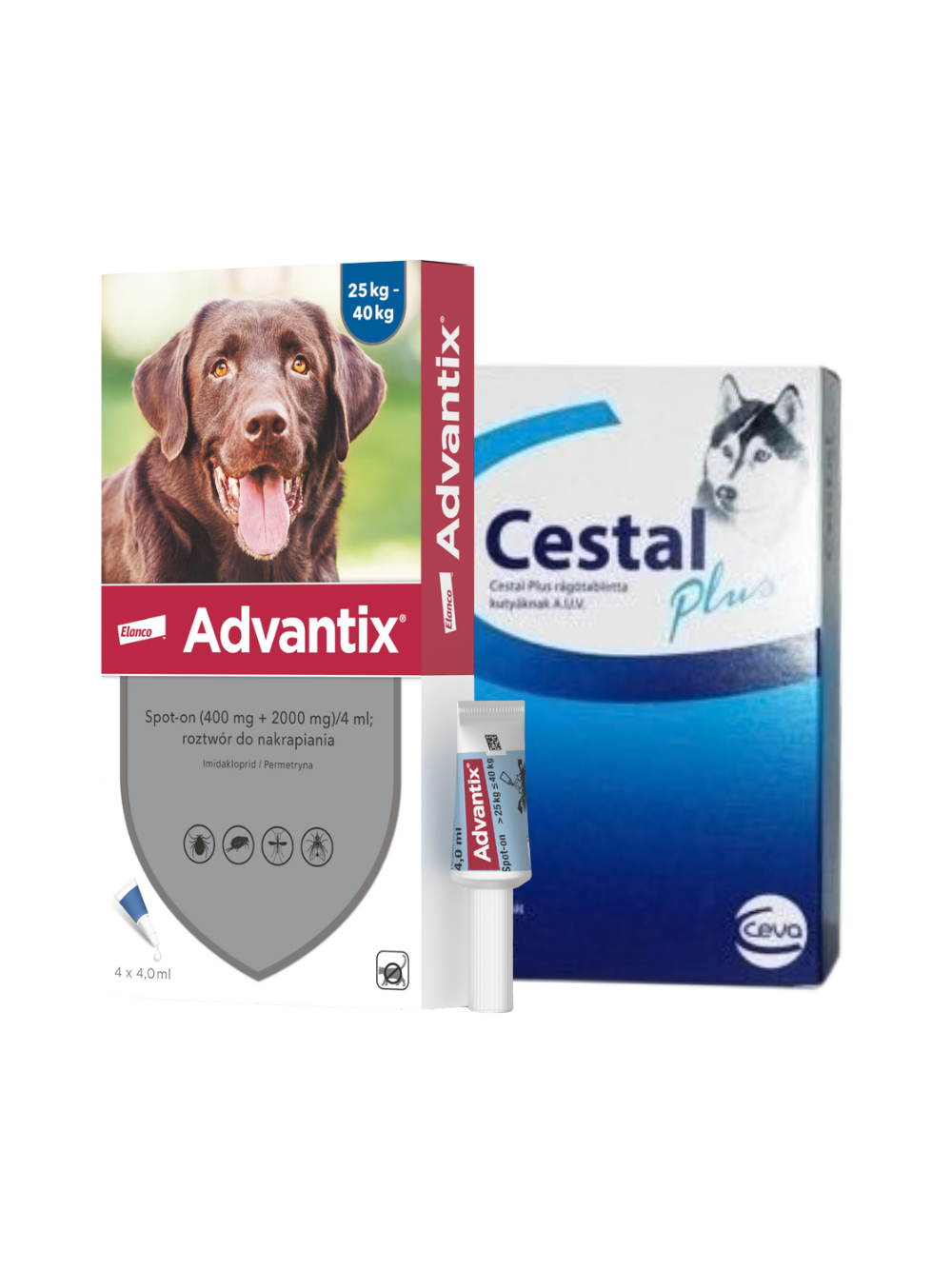 Advantix - dla psów 25-40kg (4 pipety x 4ml)+ Cestal Dog Plus tabletki na odrobaczanie psów 2 sztuki