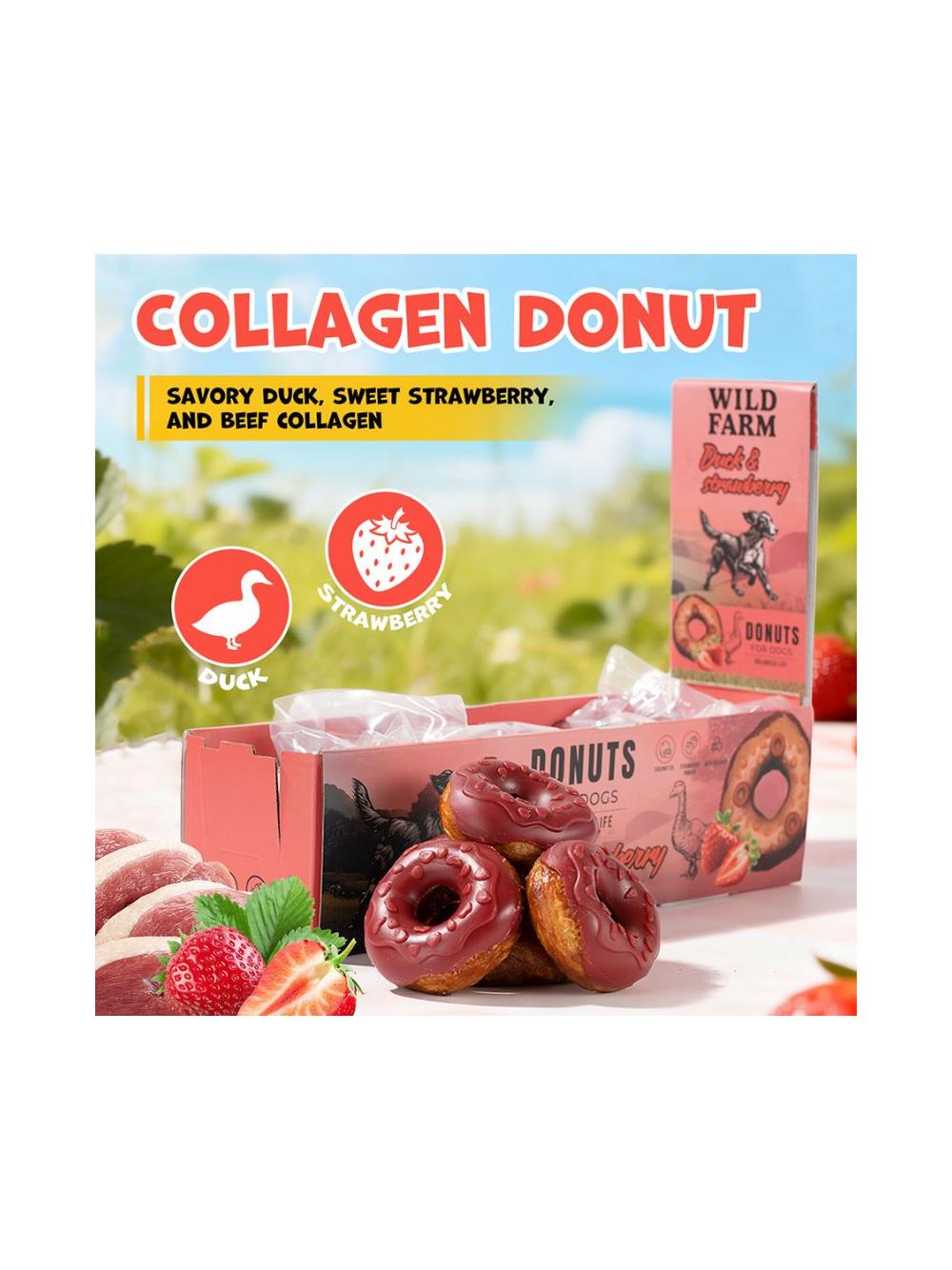 WILD FARM donut kolagenowy z kaczką i truskawkami 7cm 10x50g przysmak dla psa