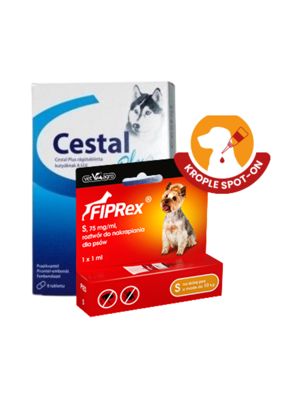Cestal Dog Plus tabletki na odrobaczanie psów 2 sztuki+ Fiprex S, 75 mg/ml, roztwór do nakrapiania dla psów