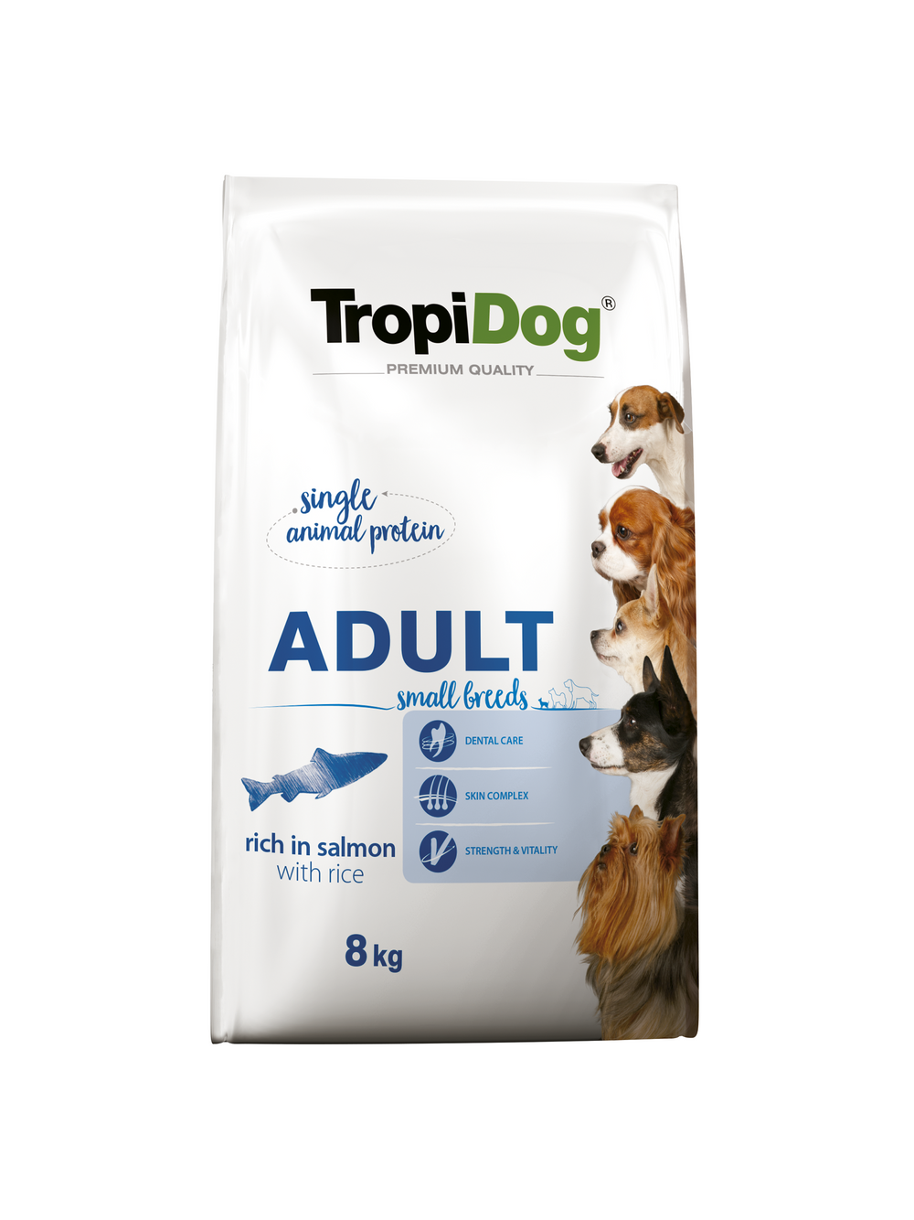 TROPIDOG Premium Adult Small Breeds bogaty w łososia i ryż 8kg + Miska mała GRATIS!!