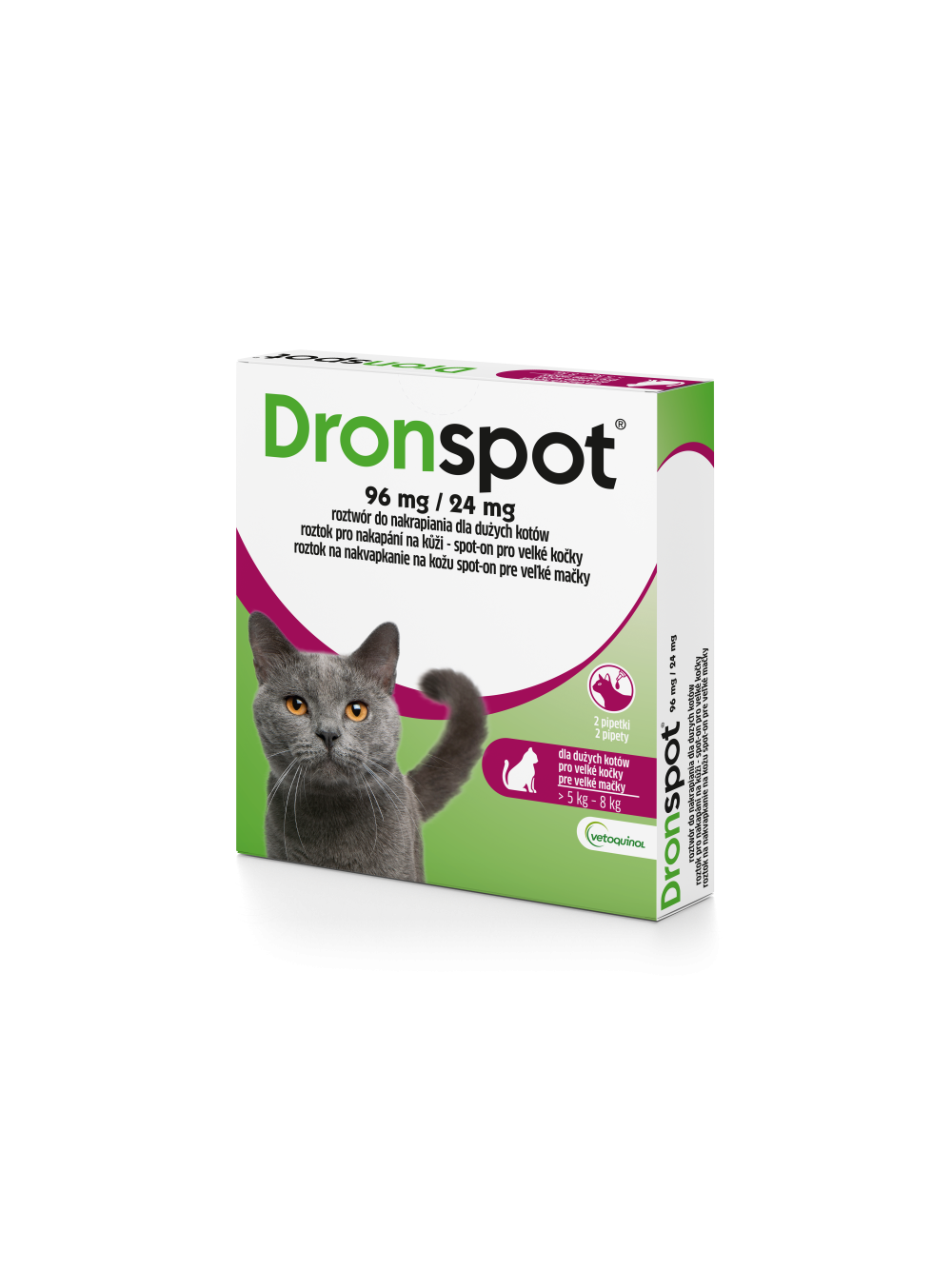 VETOQUINOL Dronspot Roztwór Do Nakrapiania Dla Dużych Kotów od 5kg do 8kg 30mg/7,5mg (2x1,12ml)