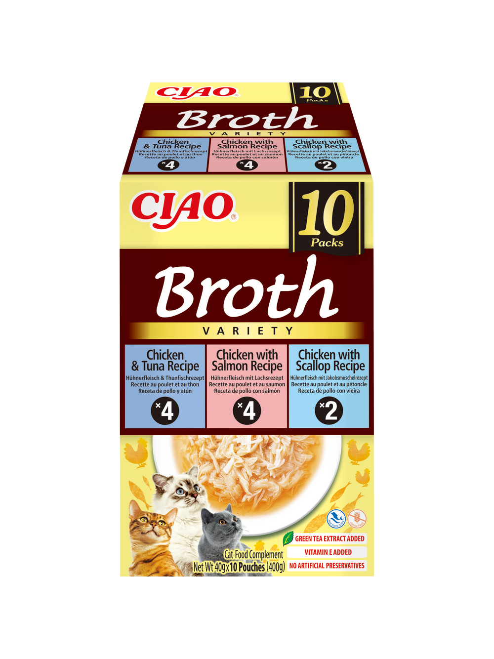 INABA Ciao Broth - karma uzupełniająca dla kota o smaku kurczaka i łososia, kurczaka i tuńczyka, kurczaka i przegrzebek 10x40g