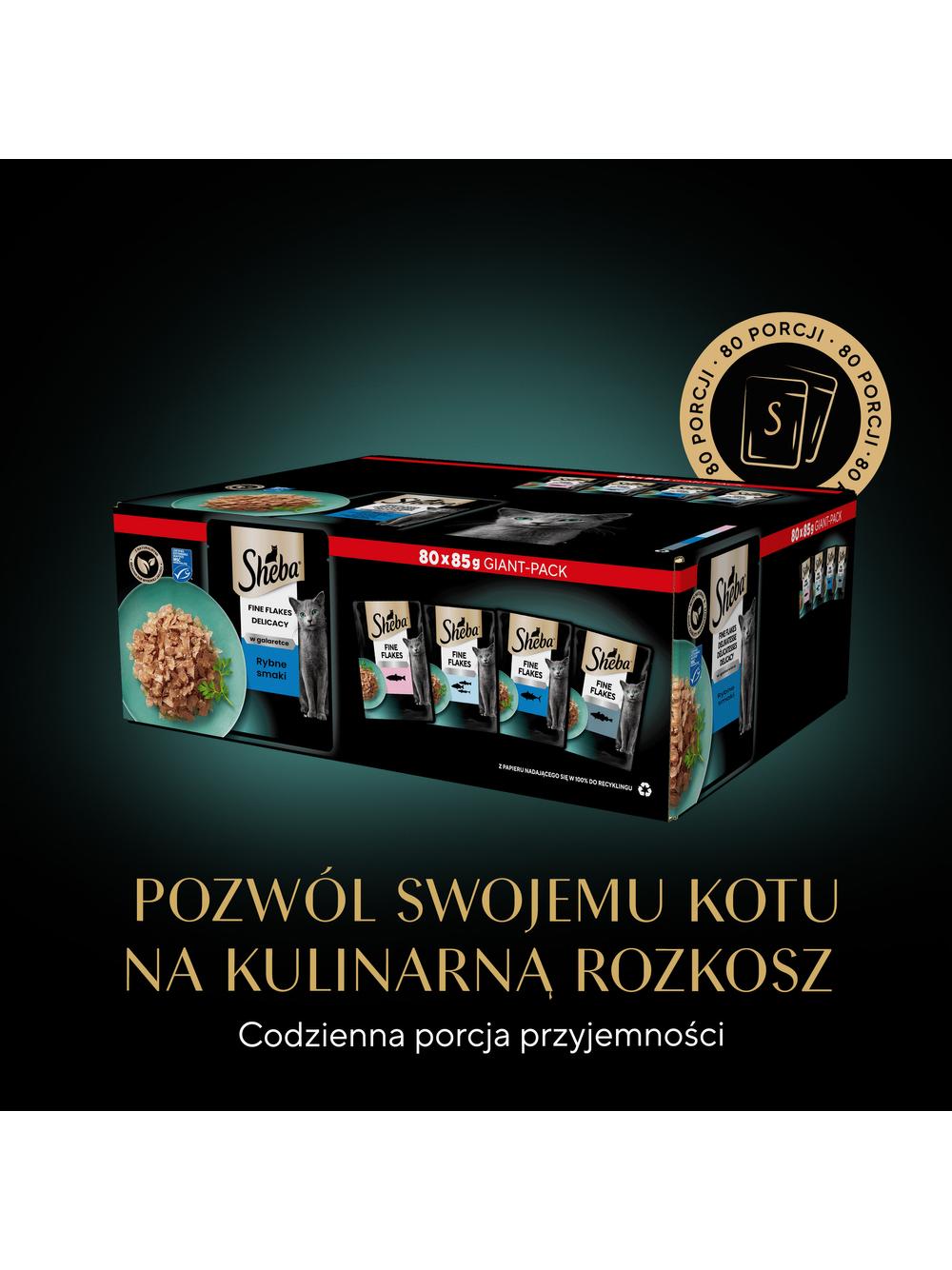 SHEBA Delicacy Rybne Smaki saszetki 80x85 g – mokra karma pełnoporcjowa dla dorosłych kotów, w galaretce (kawałki z: łososiem, białą rybą, tuńczykiem, dorszem)