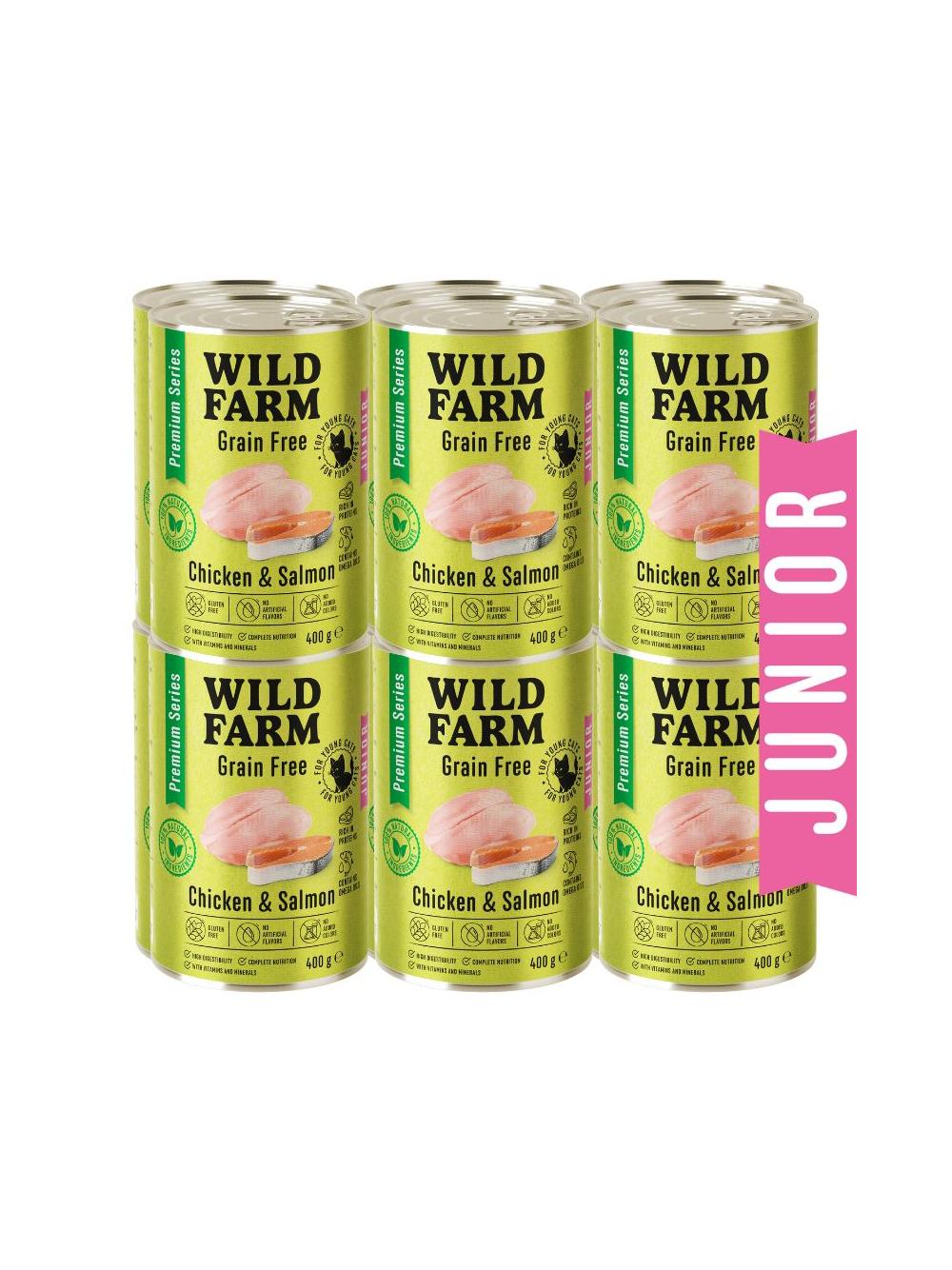 WILD FARM Premium Grain Free Chicken and Salmon Junior 12x400g  - bezzbożowa karma dla kociąt