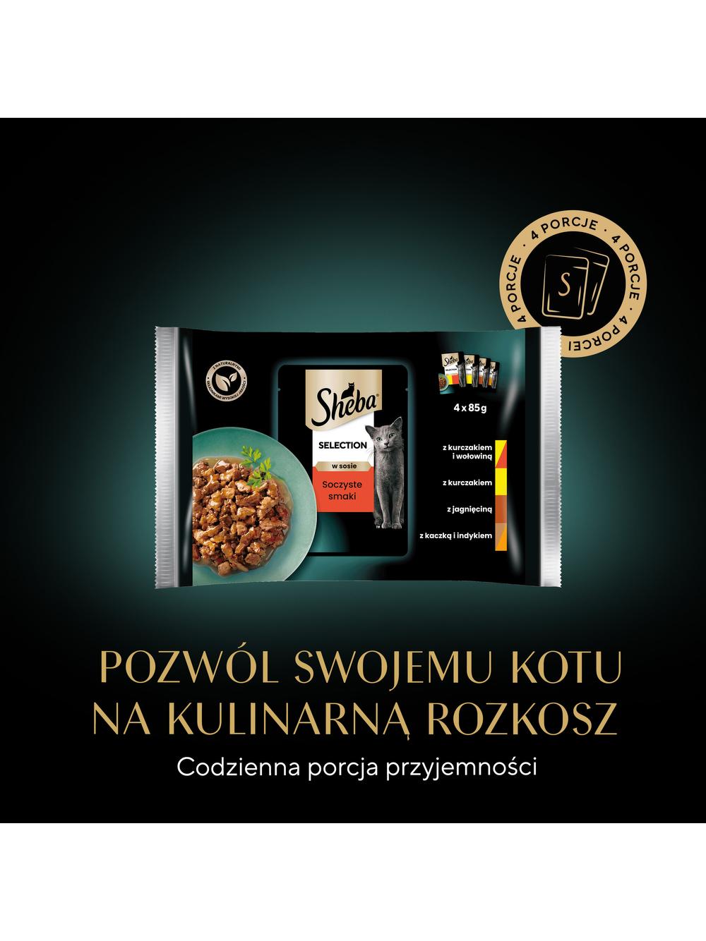 SHEBA saszetka 4x85g Selection in Sauce Soczyste Smaki - mokra karma dla kotów w sosie (z wołowiną, z jagnięciną, z kurczakiem, z indykiem)
