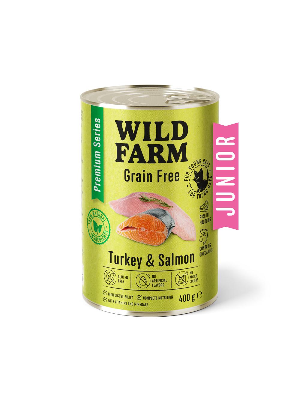 WILD FARM Premium Grain Free Turkey and Salmon Junior 400g  - bezzbożowa karma dla kociąt