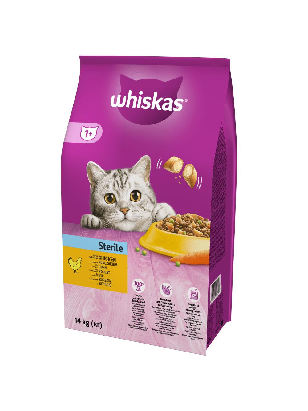 WHISKAS Sterile 14kg - sucha karma dla dorosłego kota po zabiegu kastracji, z pysznym kurczakiem / Opakowanie uszkodzone (9194,9181,9100,9320,9469,9534,9540,9596)