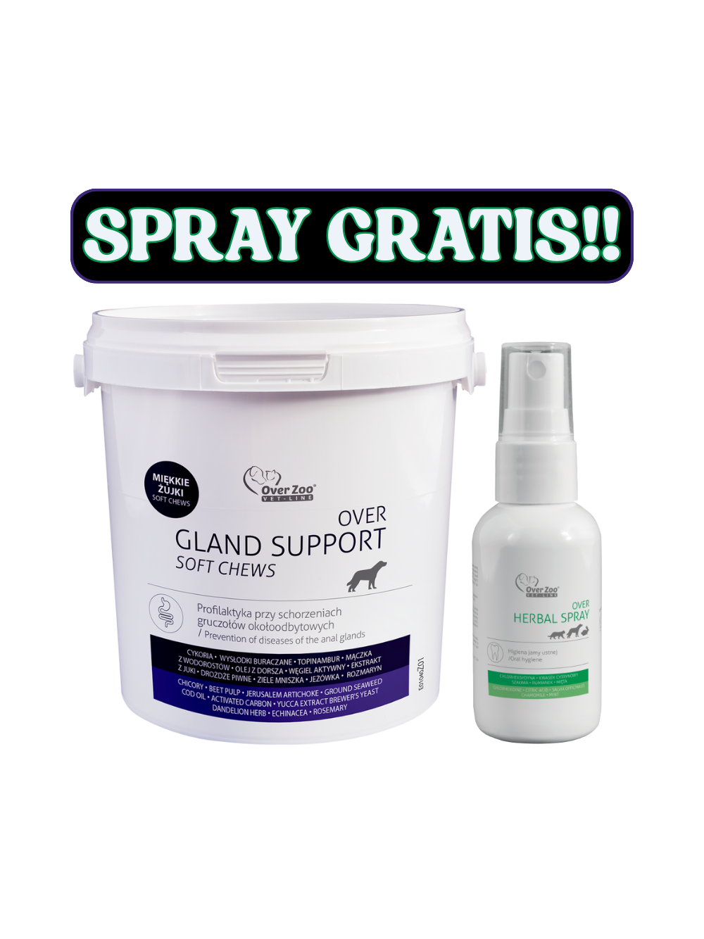 OVER Gland Support soft chews - na gruczoły około odbytowe -  90 żujek + Herbal Spray 50ml GRATIS