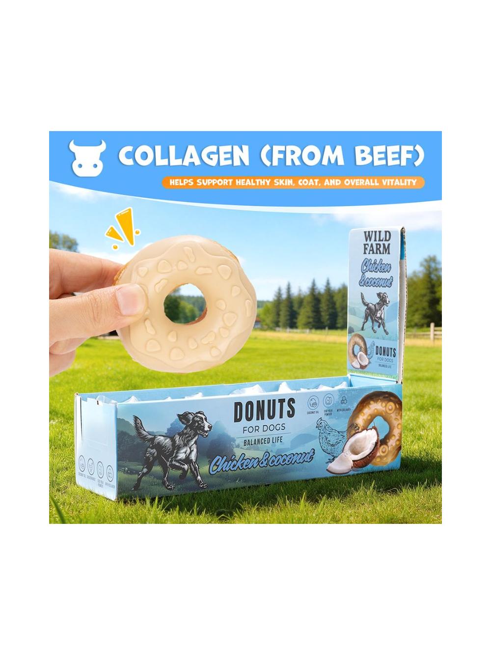 WILD FARM donut kolagenowy z kurczakiem i kokosem 7cm 50g przysmak dla psa