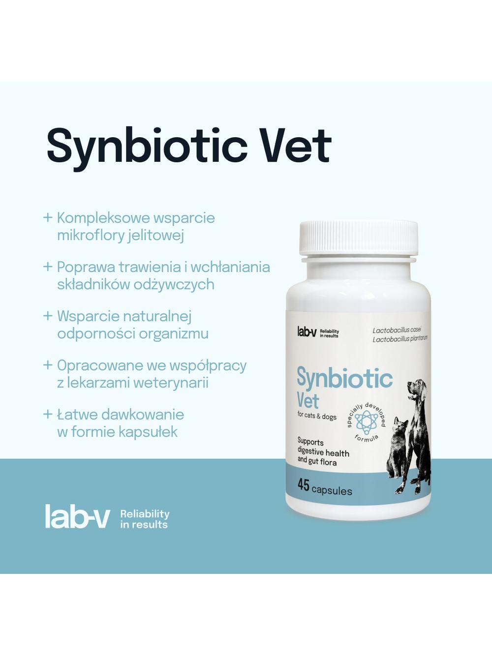 Lab-v Synbiotic Vet – Wsparcie zdrowia układu pokarmowego i mikroflory jelitowej dla psów i kotów 45 kapsułek