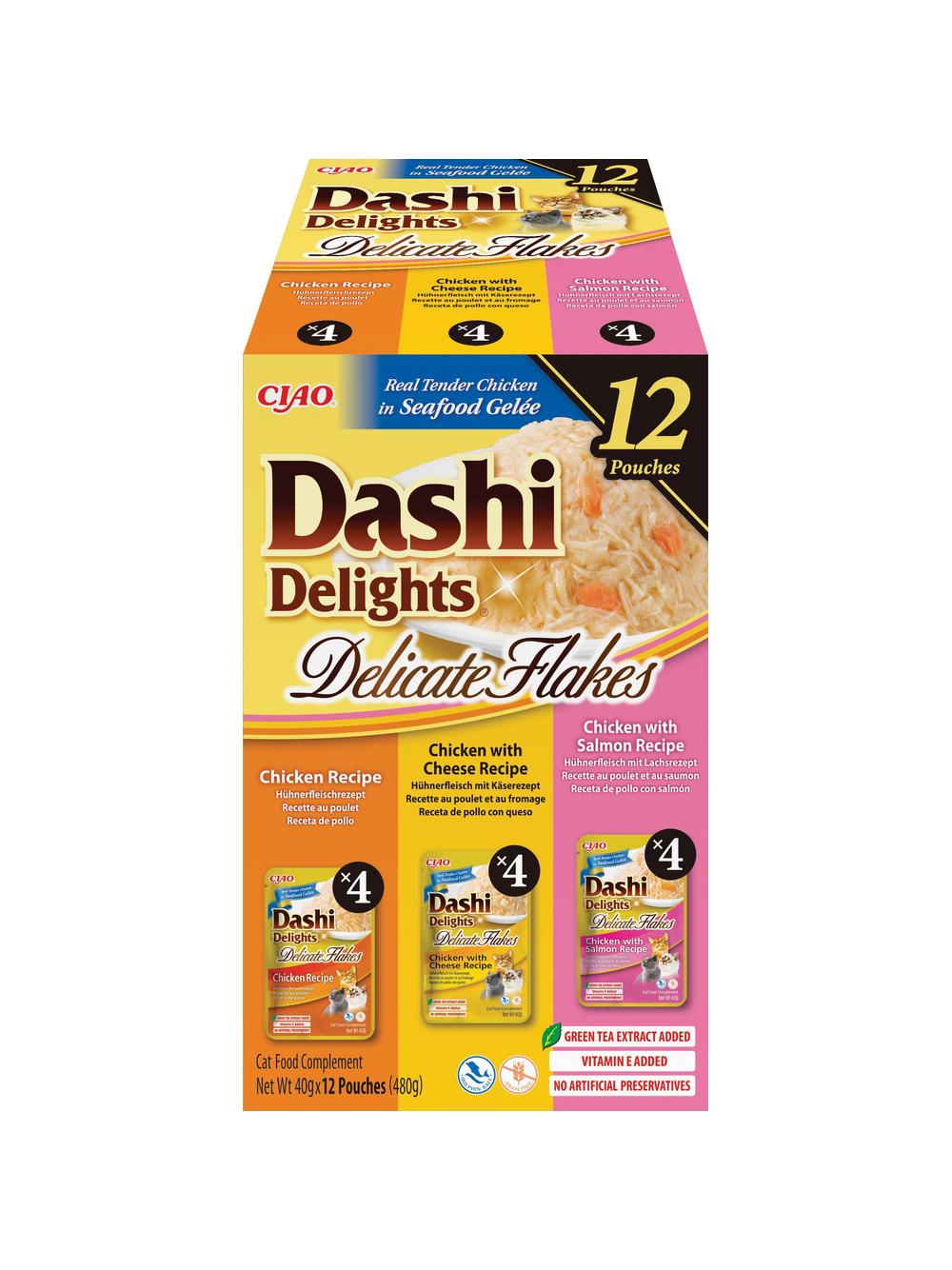 INABA Ciao Dashi Delights Delicate Flakes- karma uzupełniająca dla kota o smaku kurczaka, kurczaka i sera,  kurczaka i łosiosia 12x40g