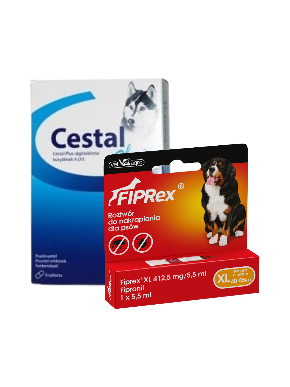 Cestal Dog Plus tabletki na odrobaczanie psów 2 sztuki+ Fiprex XL, 412,5 mg/5,5 ml, roztwór do nakrapiania dla psów