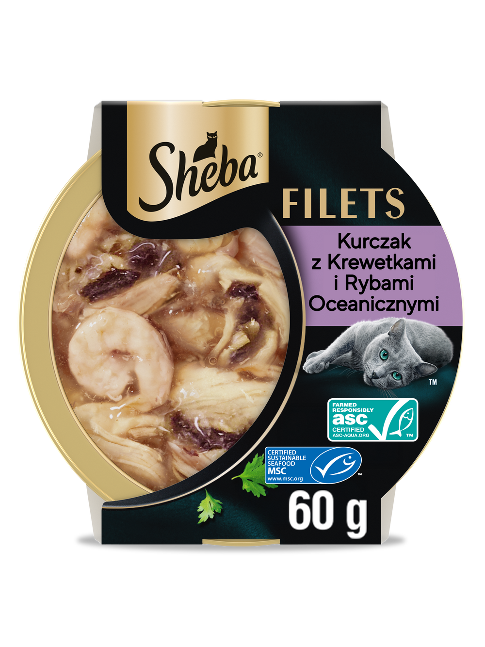 SHEBA Filets z kurczakiem, rybami oceanicznymi i krewetkami w sosie, tacka 16x60g